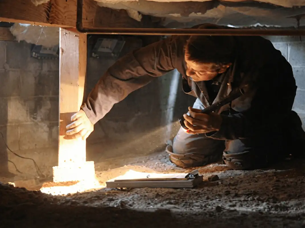 A professional inspecting wooden beams under the floor of a structure in Chula Vista, CA
