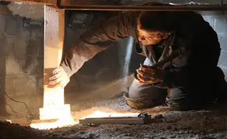 A professional inspecting wooden beams under the floor of a structure in Chula Vista, CA